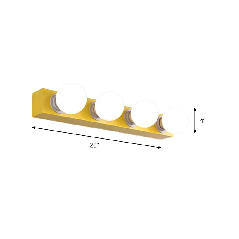 Yellow rectangular vanity light fixture with four frosted glass bulbs for modern bedroom vanity light use