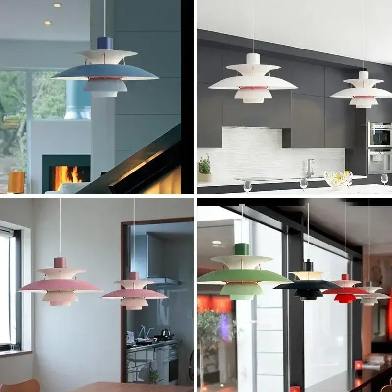 Modern orange and white tiered umbrella pendant light in painted metal with colorful umbrella pendant design for kitchen decorbites