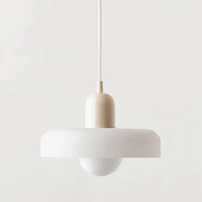 Minimalist pendant light with matte white disc shade and cream base for modern orange and yellow glass led macaron chandelier