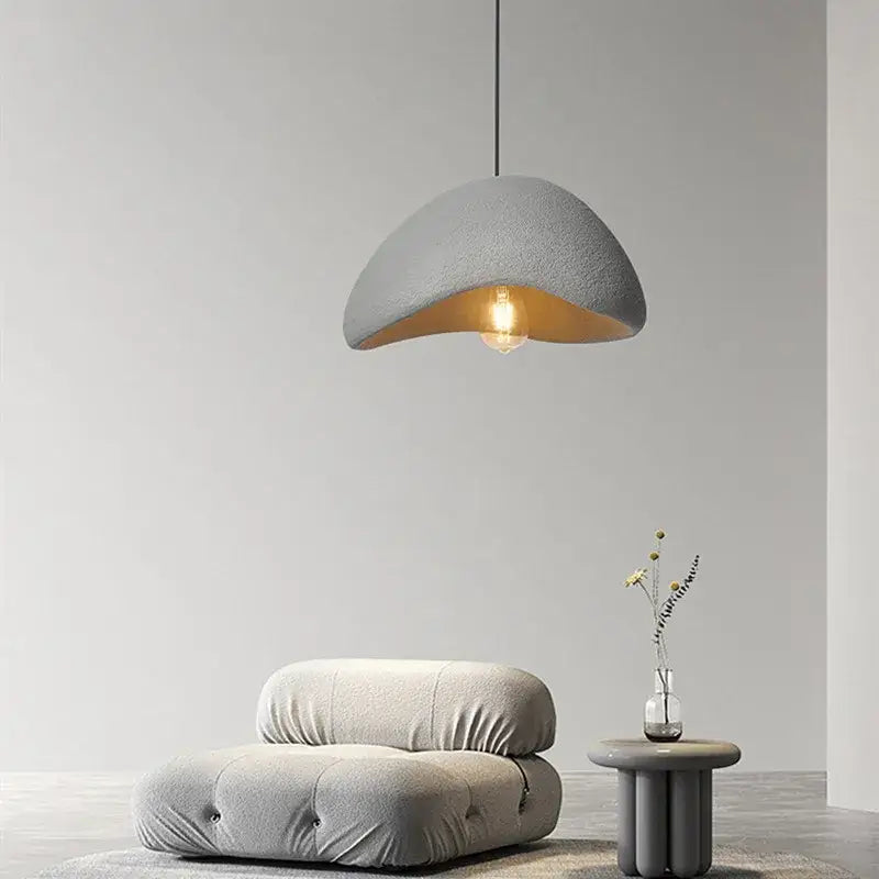 Modern organic off-white cloud pendant lamp with gray textured half-moon handmade led chandelier glow decorbites