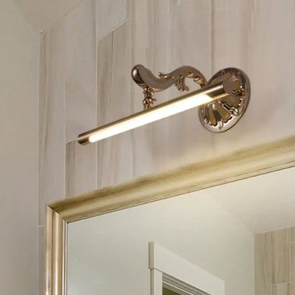 Modern ornate gold floral wall mount bathroom lamp with gold-toned scrollwork and sleek elongated led bar light