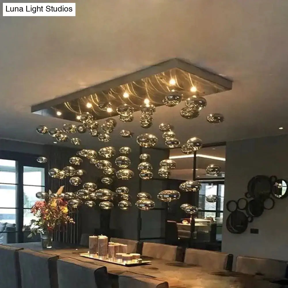 DecorBites™ modern oval bubble ball chandelier with reflective glass orbs on metallic frame for dining room lighting