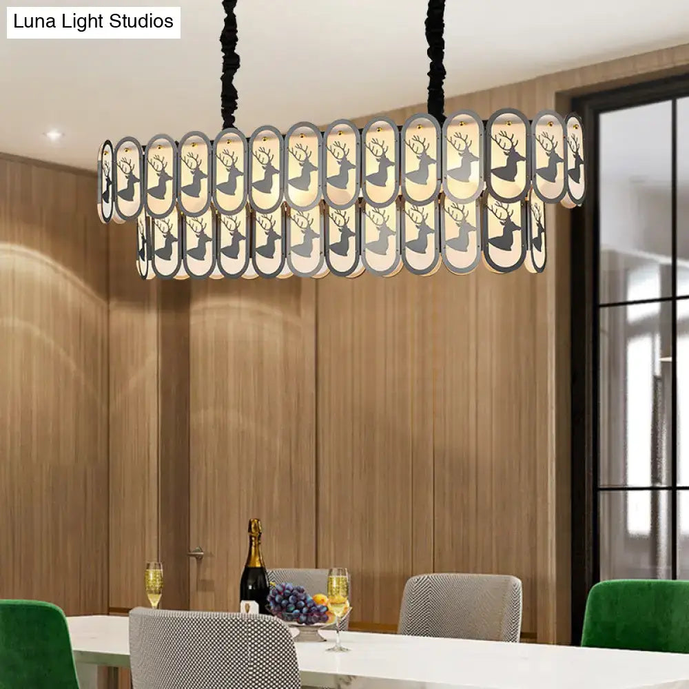 Modern rectangular chandelier with black twisted cords and oval nickel panels featuring deer silhouettes suspension light 220v-240v e12 e14