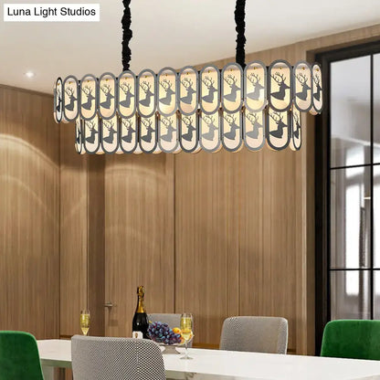 Modern rectangular chandelier with black twisted cords and oval nickel panels featuring deer silhouettes suspension light 220v-240v e12 e14
