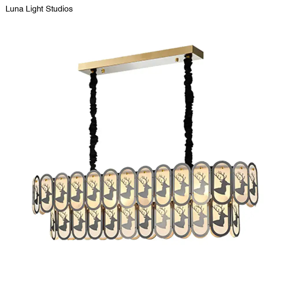 DecorBites™ contemporary oval nickel suspension light with gold mount black cords and engraved deer glass panels 220v-240v e12 e14