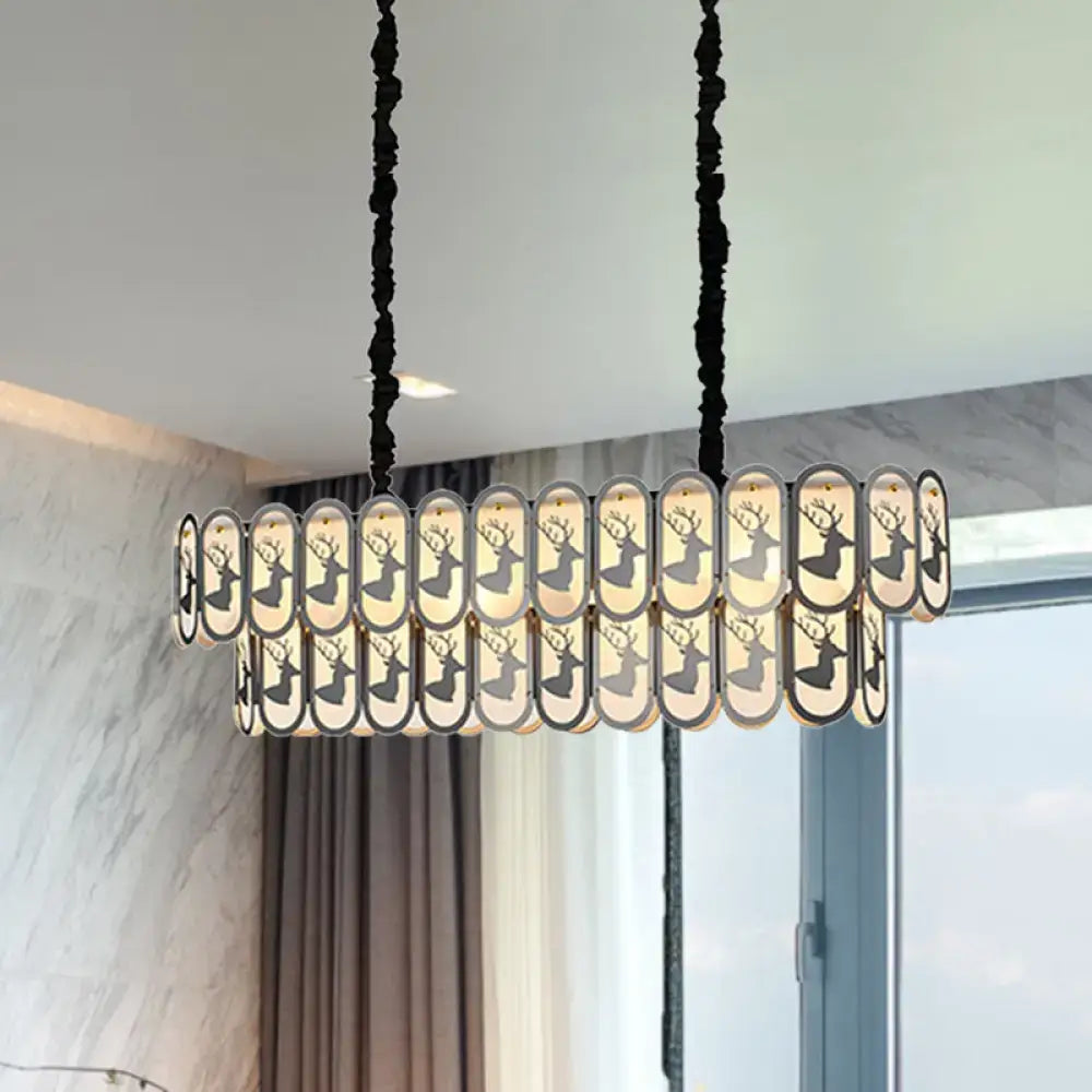 Modern rectangular decorbites suspension light with oval glass panels, black deer silhouettes, twisted black cords, e12 e14 220v-240v