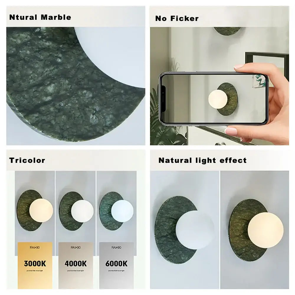 Modern oval green marble wall lamp with dark green naturally marbled stone and smooth white circular light fixture