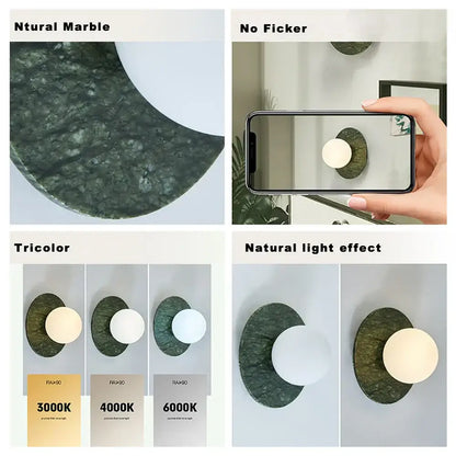 Modern oval green marble wall lamp with dark green naturally marbled stone and smooth white circular light fixture