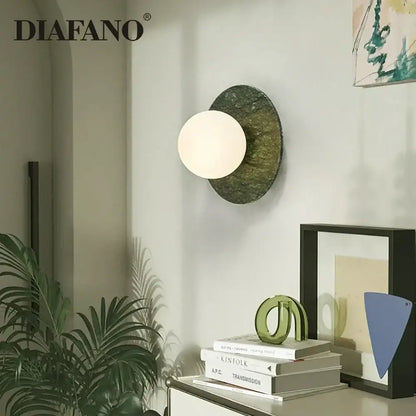 Diafano modern wall lamp with matte white spherical bulb and green marble oval base for living room decorbites green marble