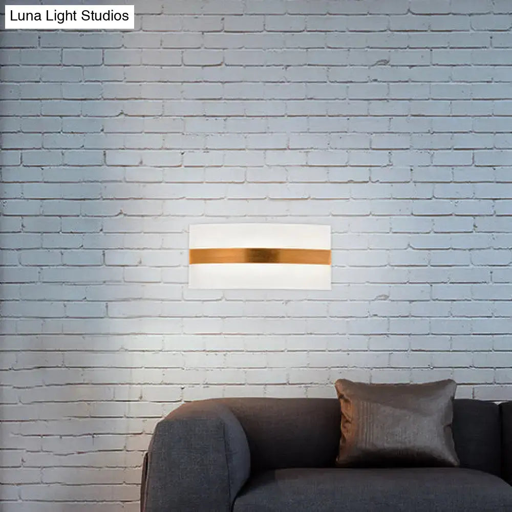 Modern oval rectangular convex led wall sconce with a sleek white diffuser and central horizontal copper accent for bedroom lighting