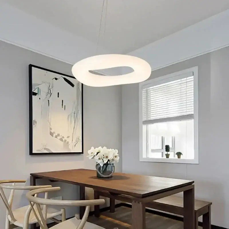 Modern oval white cozy cotton ceiling chandelier with sleek ring-shaped pendant light for elegant dining decorbites cozy cotton ceiling