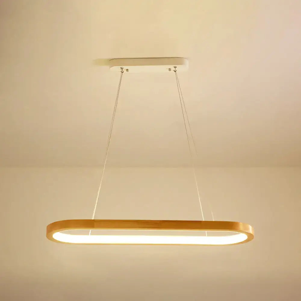 Modern oval wood led island pendant light with warm wood finish frame and glowing white led strip for living room