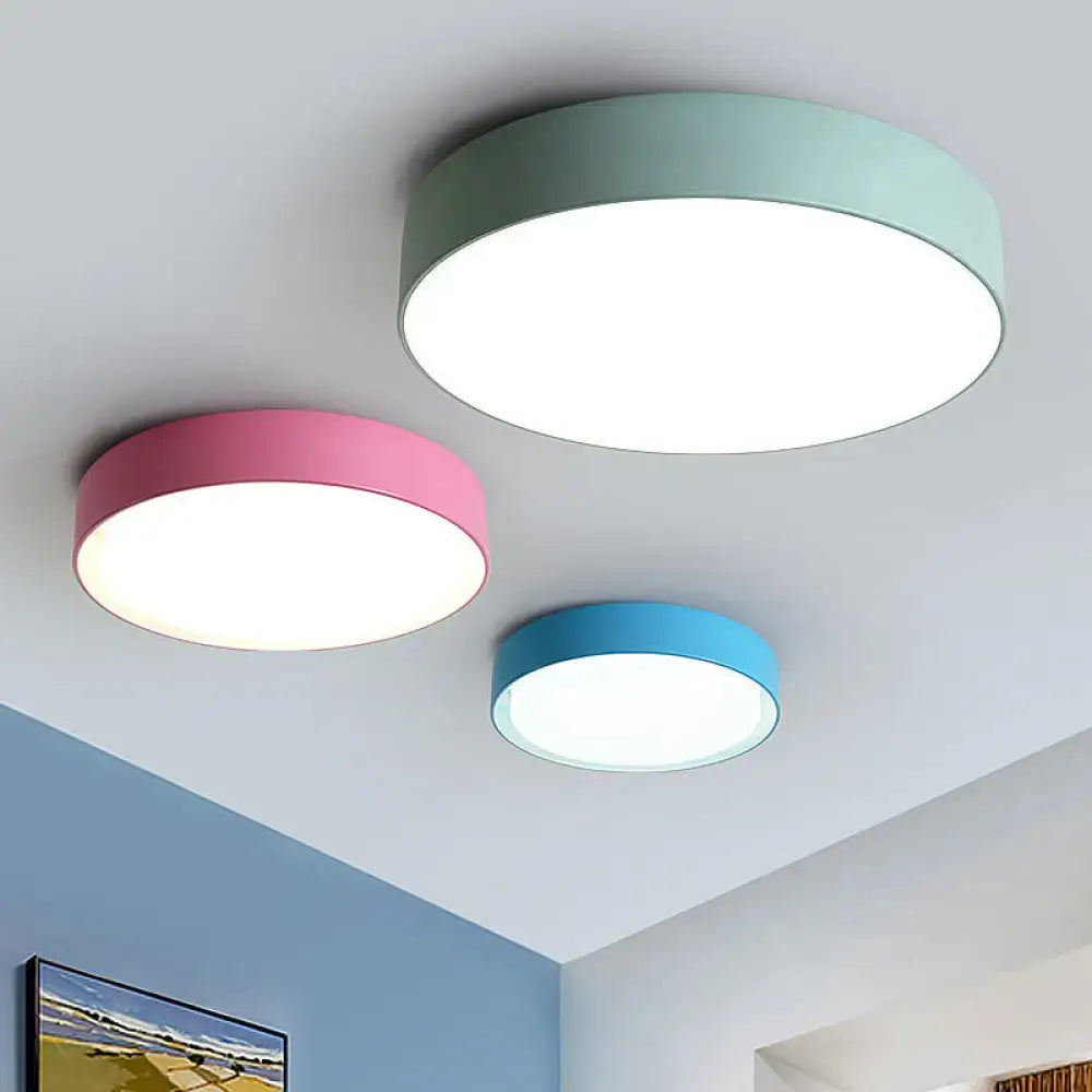 DecorBites™ acrylic round LED flushmount ceiling light in pastel mint pink and blue with smooth matte finish perfect light for kindergarten