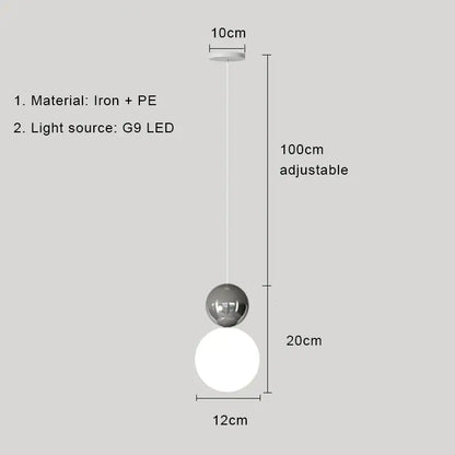 Modern two-sphere pendant light in pastel and cream iron and pe with sleek metallic and frosted white light color options