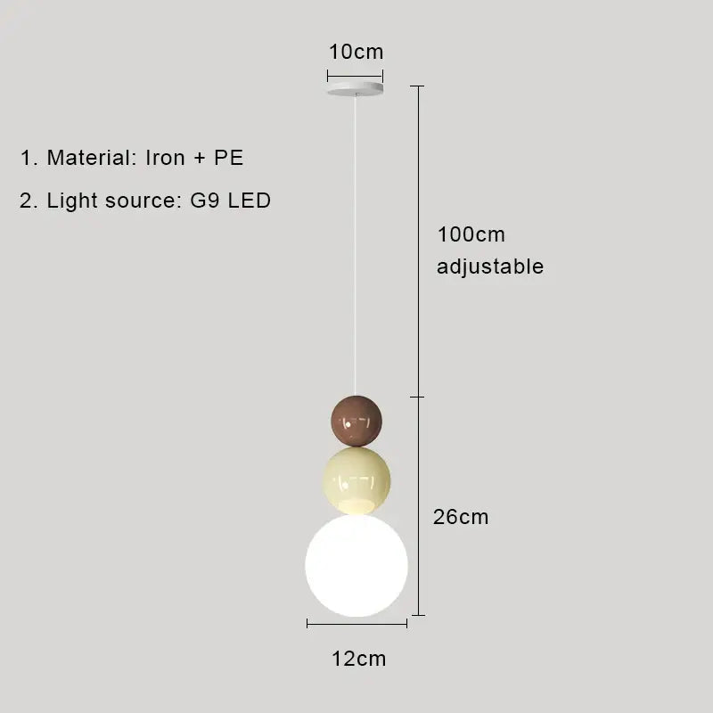 Adjustable modern pendant light with three spherical shades in matte brown, cream, and white iron and pe light color options
