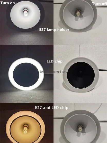 White circular recessed ceiling light with e27 lamp holder and led chip shown illuminated and off in decorbites cone shape pendant light lighting methods