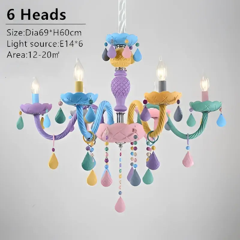 Modern pastel decorbites crystal chandelier with six arms, teardrop beads, and colorful braided cords for bedroom luminaire