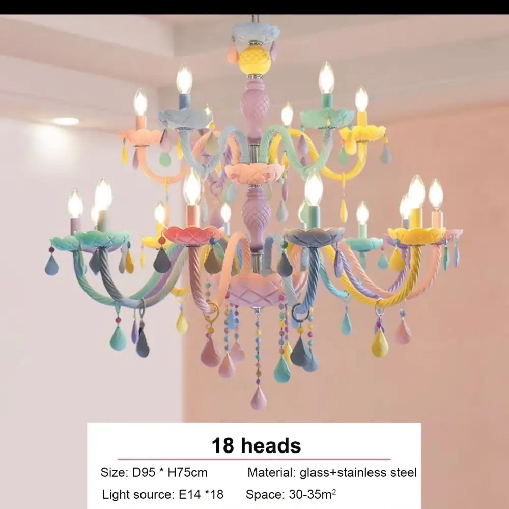 Modern pastel decorbites crystal chandelier with 18 candle-style lights in glass and stainless steel for children room