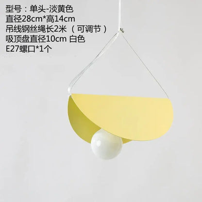 Modern pastel geometric iron pendant light with pale yellow semi-circular shade and white bulb for dining room decorbites geometric iron pendant