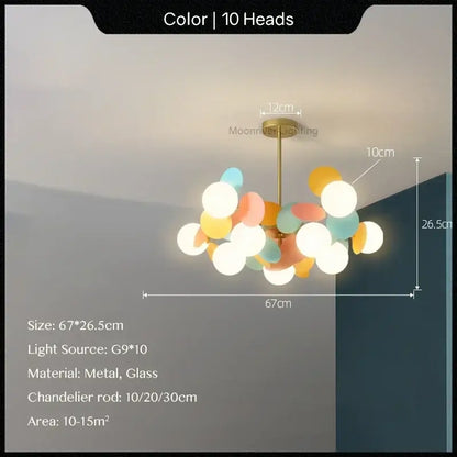 Modern pastel glass hanging ceiling lamp for kids room with pastel spherical glass globes and brass metal frame decorbites glass hanging