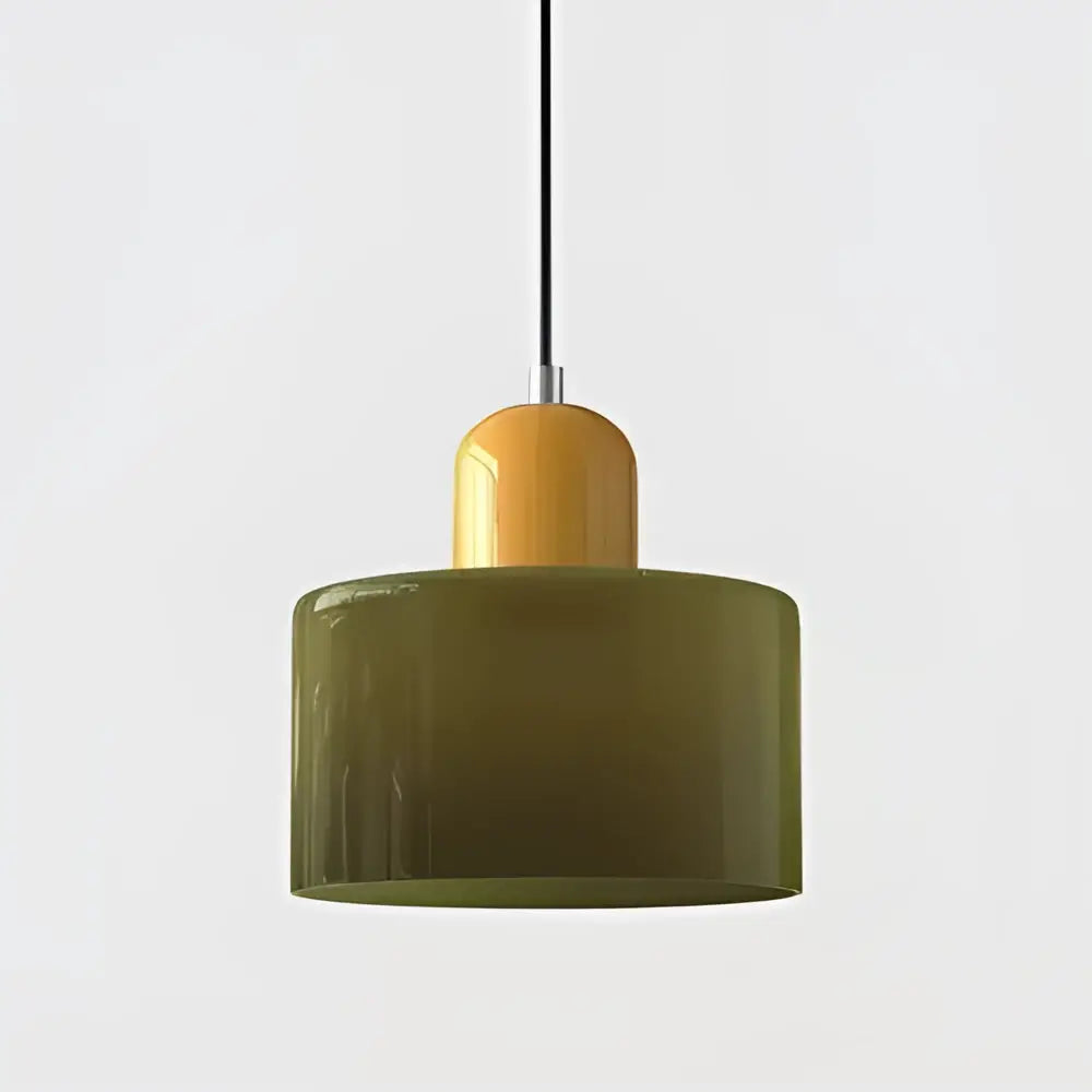 Modern pastel olive-green glass shade pendant light with warm amber accent for kitchen and dining room use