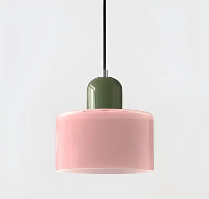 Modern pastel glass shade pendant light with pink cylindrical glass shade and matte olive green top cap for kitchen dining room