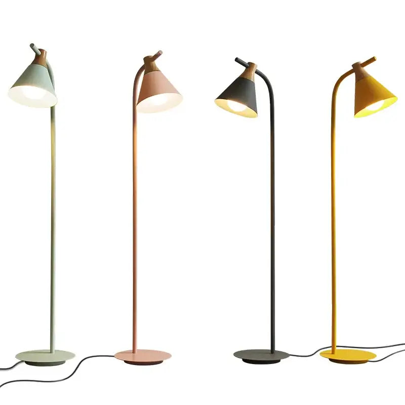 Modern pastel iron macaron floor lamp with slender metal stems wooden accents and cone shades in multiple colors