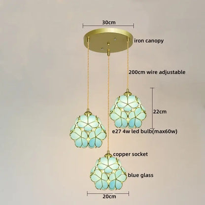 Modern pastel petal colorful glass led pendant lights with three-tiered blue glass shades and brass iron canopy for dining room decorbites colorful glass
