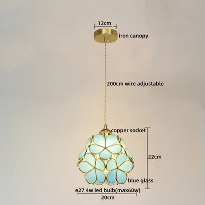 Modern pastel petal colorful glass led pendant light with blue mosaic flower design and adjustable copper wire suspension