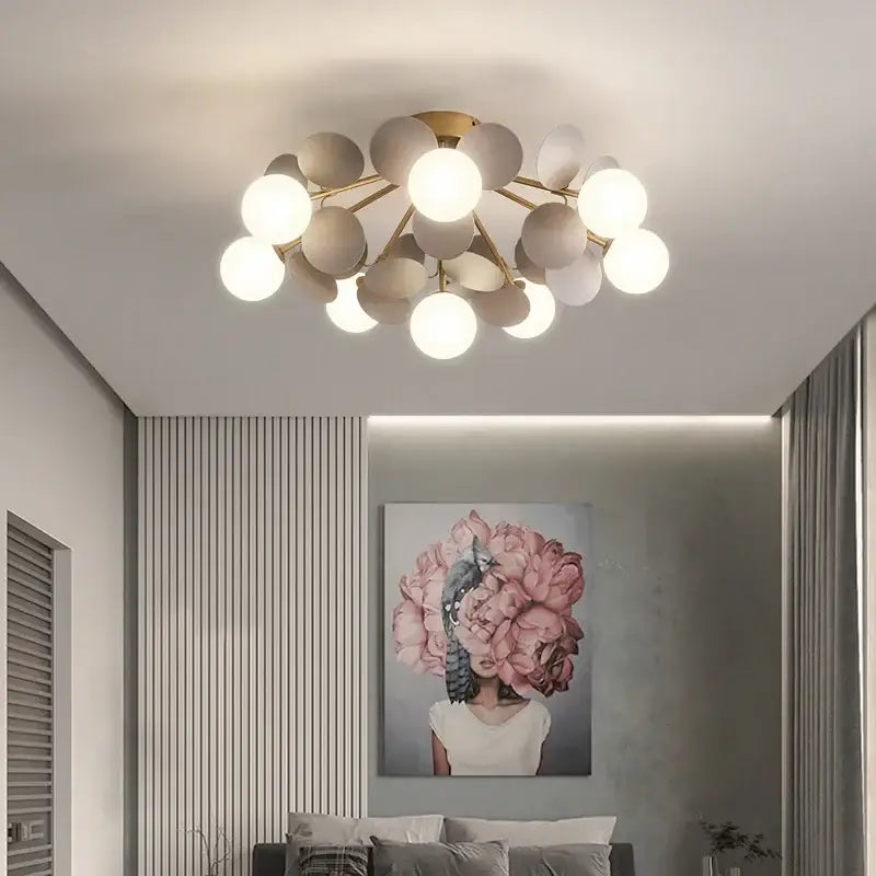 Modern pastel spherical frost glass ceiling chandelier with gold-toned hub and matte white and gray bulbs for decorbites frost glass decor