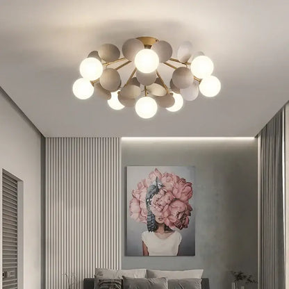 Modern pastel spherical frost glass ceiling chandelier with gold-toned hub and matte white and gray bulbs for decorbites frost glass decor