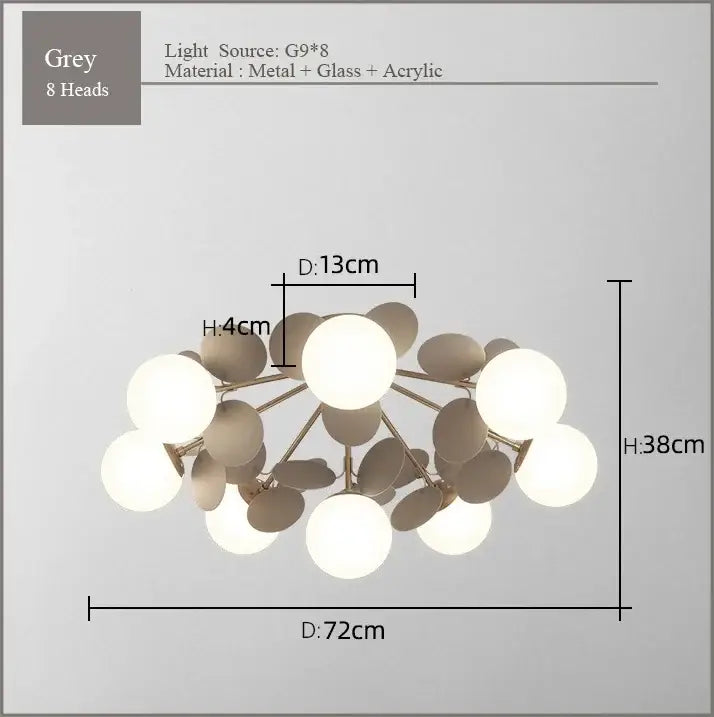 Modern grey glass ceiling chandelier with eight spherical frost glass bulbs and metallic arms for bedroom decorbites frost glass