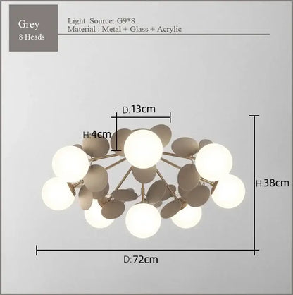 Modern grey glass ceiling chandelier with eight spherical frost glass bulbs and metallic arms for bedroom decorbites frost glass
