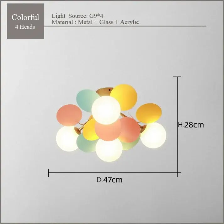 A modern pastel spherical frost glass ceiling chandelier with four colorful glass and acrylic light heads for bedroom decorbites frost glass