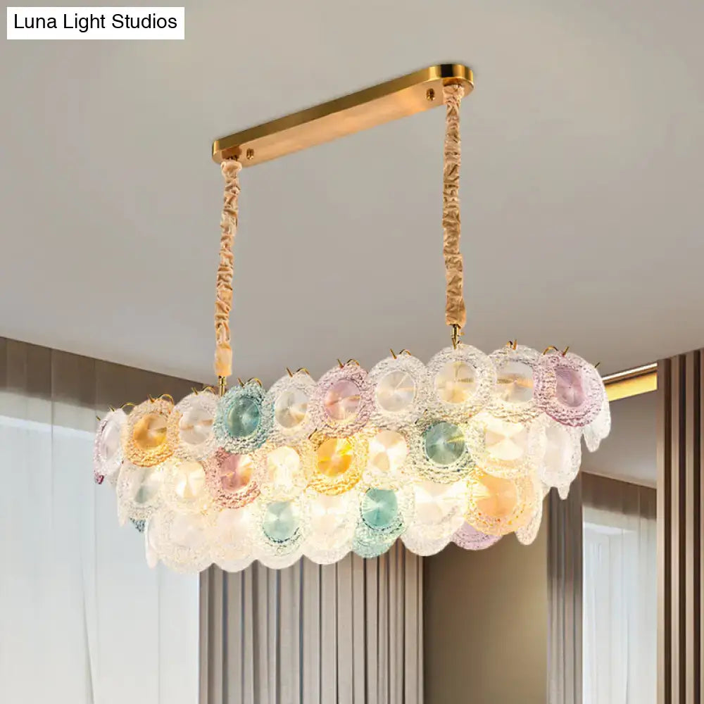 Pastel scalloped glass billiard light with gold metal frame and braided cord suspension modern island chandelier
