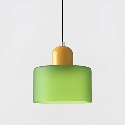 Modern pendant light with frosted green stained glass cylindrical shade and amber rounded top cap cord pendant