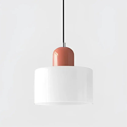 Minimalist modern pendant light with glossy terracotta stained glass top and translucent white glass shade in cord pendant set