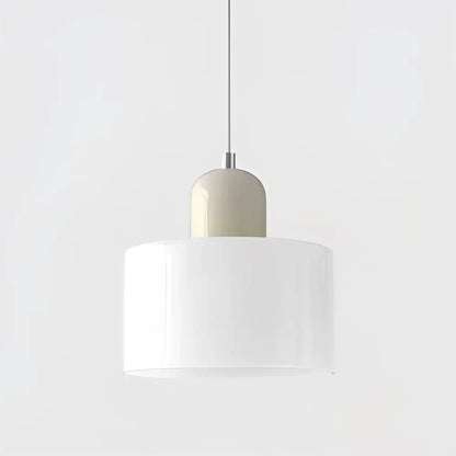 Minimalist pendant light with white cylindrical shade and beige ceramic top suspended by metallic cord pendant for kitchen