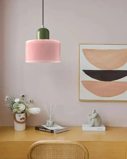 Modern pendant light with matte pink cylindrical shade and glossy green top in stained glass cord pendant kitchen set of 4