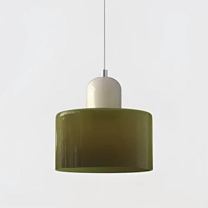 Modern olive-green stained glass pendant light with white ceramic top and metallic suspension cord pendant for kitchens