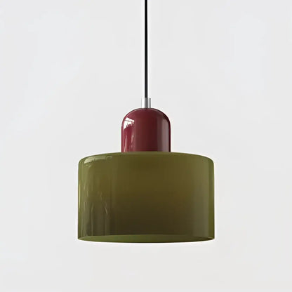 Modern pastel stained glass olive-green pendant light with glossy finish and red cylindrical cord pendant top for kitchen use