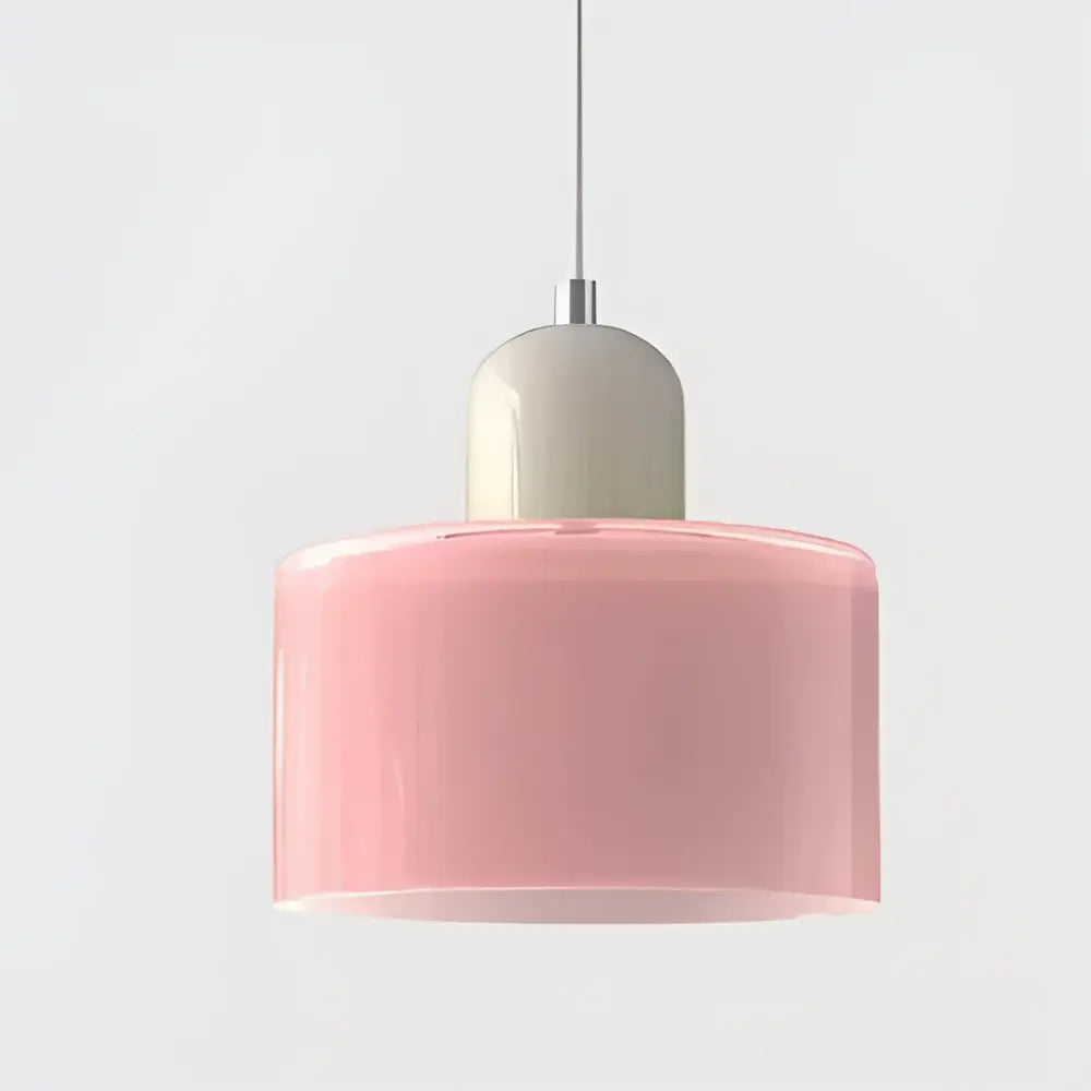 Modern pastel stained glass cord pendant set featuring a soft pink cylindrical pendant light with matte white dome top