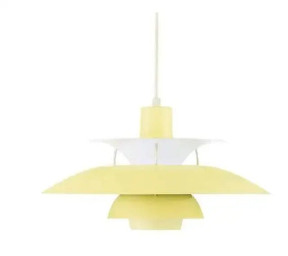 A pale yellow modern pastel tiered led chandelier pendant light with layered design for kitchen decor