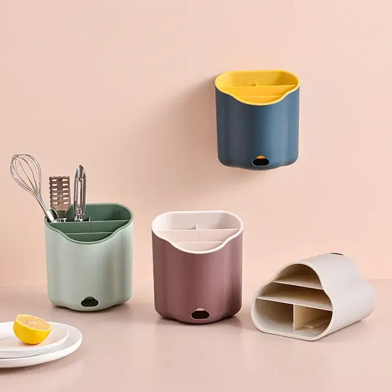 Modern pastel wavy double layer cutlery holder in matte blue with vibrant yellow interior for kitchen organization