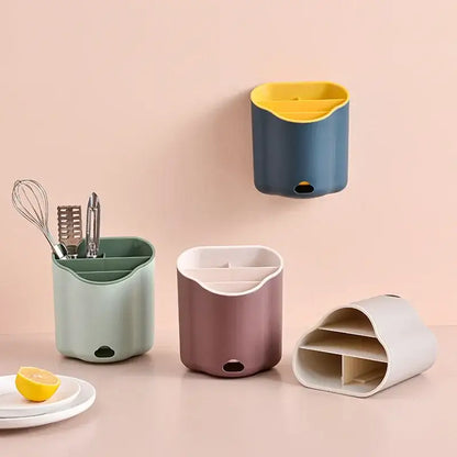 Modern pastel wavy double layer cutlery holder in matte blue with vibrant yellow interior for kitchen organization