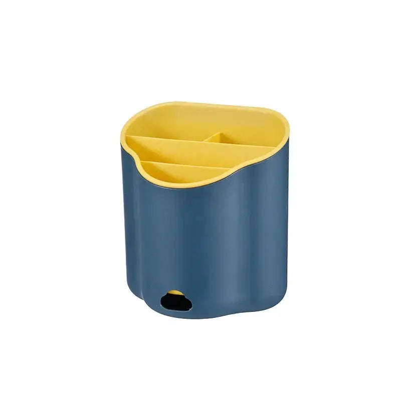 Modern pastel blue and yellow plastic double layer cutlery holder with curved segmented interior for kitchen organization
