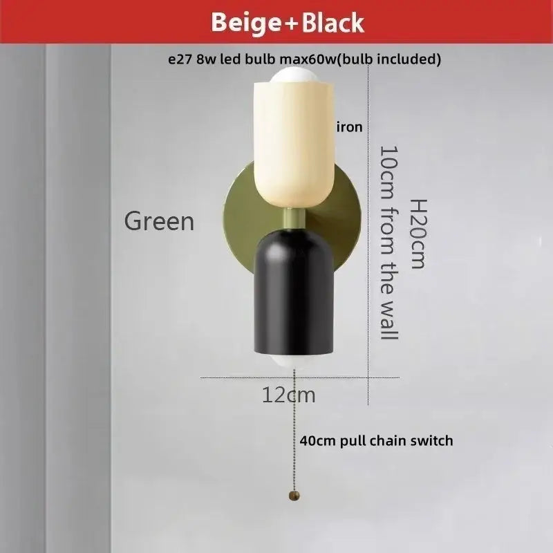 Modern beige and black decorbites led wall sconce with green circular iron backplate for bedroom led wall lights