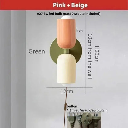 Modern peach and cream two-tiered decorbites led wall light with green iron backplate for bedroom decor