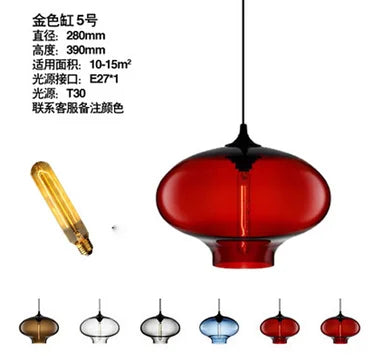Red glass modern pendant light with gold bulb and black fixture for bedroom dining room loft decor