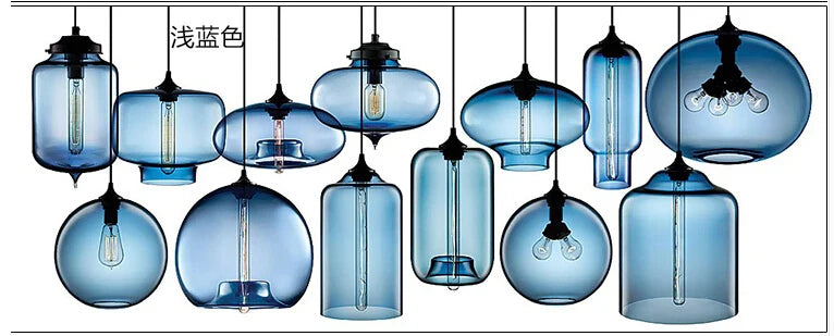 A collection of modern pendant lights with translucent light blue glass and black metal fixtures for bedroom and dining room